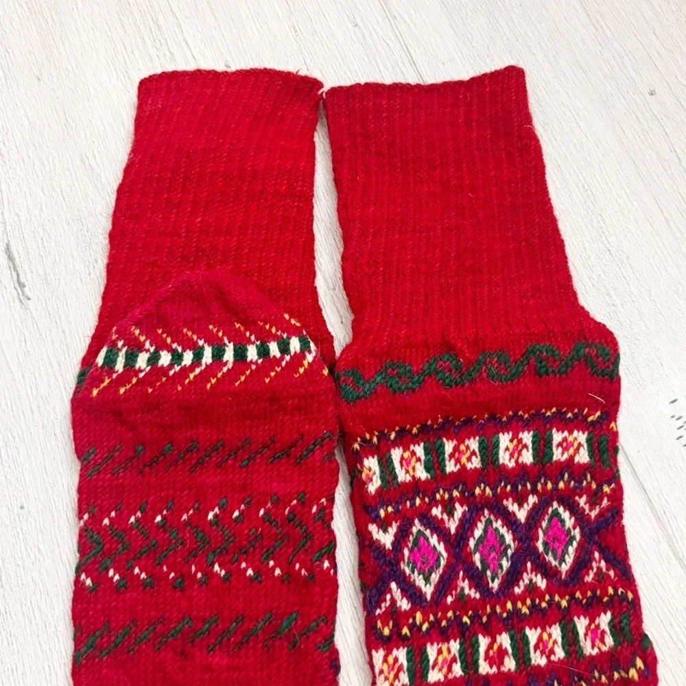 Hand-Knitted Heavy Wool Socks Nordic Pattern Fair Isle Red Multi Cozy Winter OS